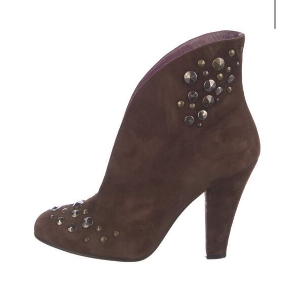 Marc Jacobs Brown Suede Gold Bronze Studded Low Open Front Booties Size 10.5 - Picture 1 of 5